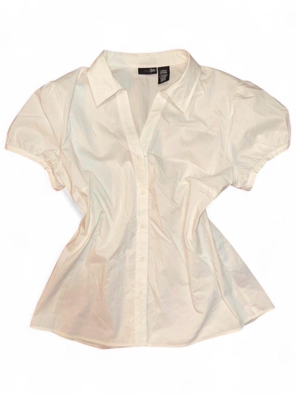 East 5th White Puff Cap Sleeve Button Down Shirt Large Twee